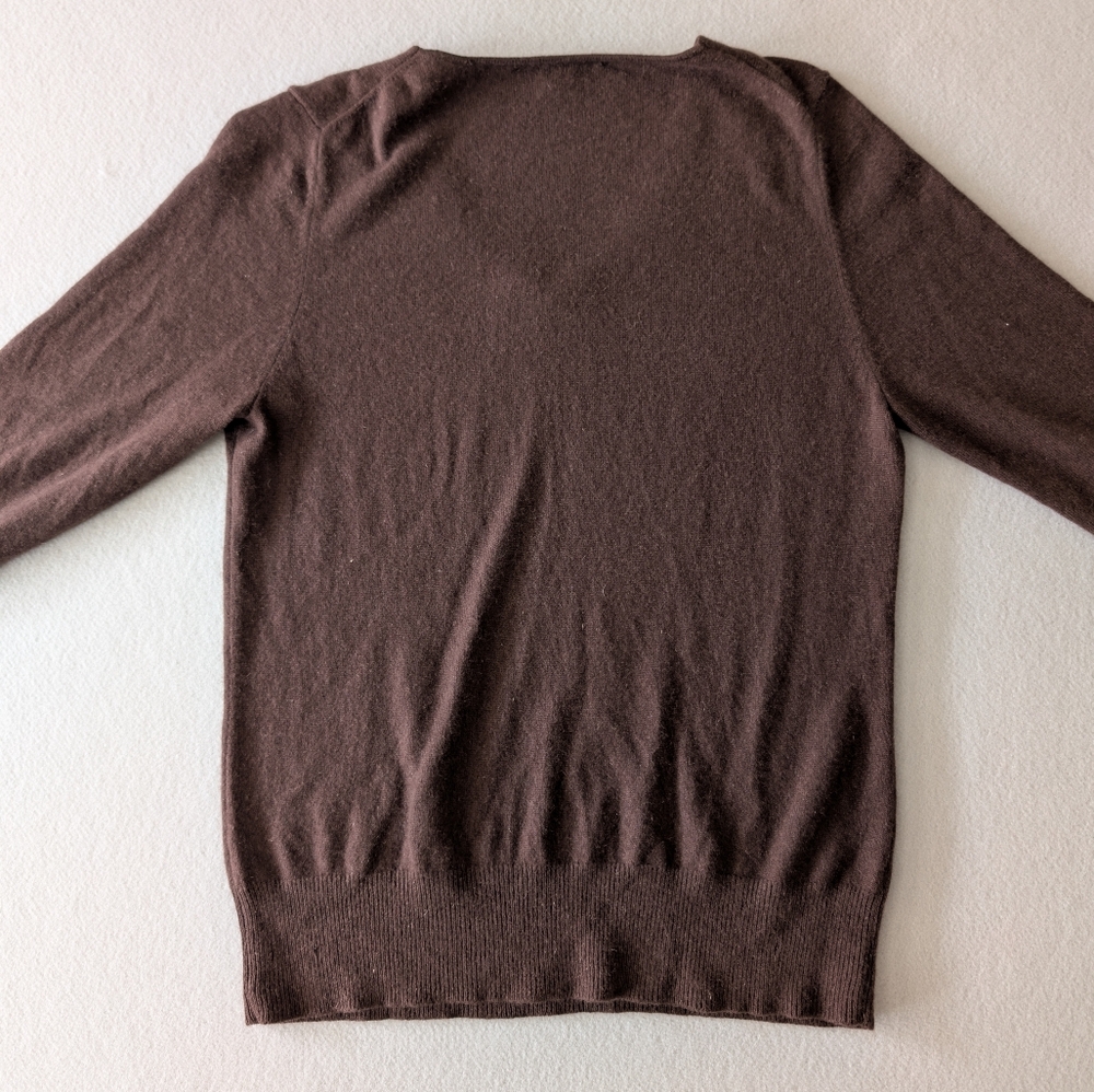 100% Cashmere Brown V-Neck Sweater Bow Accent Sz L Academia Vintage Inspired - Picture 5 of 11